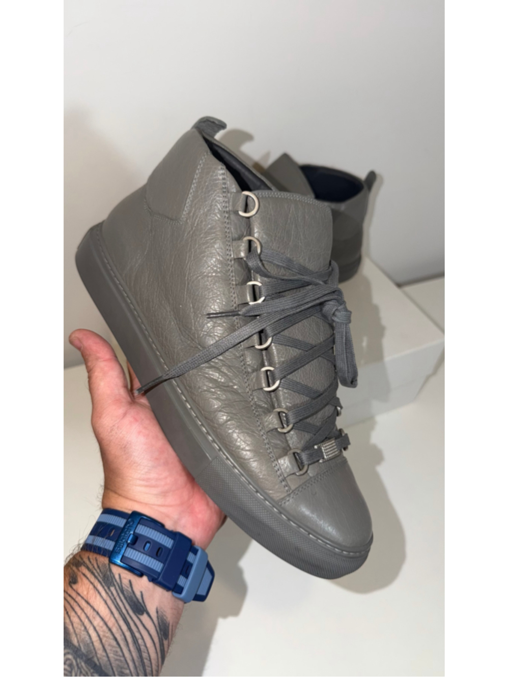 Balenciaga Arena High Top Sneakers Grey Leather EU 42 W/Box Authentic US 9